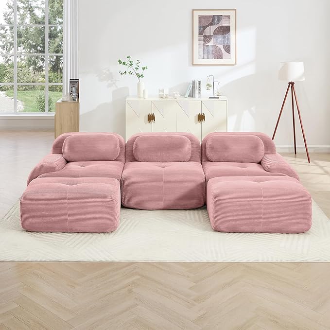 116" Modern Corduroy Cloud Sofa with Ottoman, U Shaped Boneless Modular Large Sectional Couches for Living Room, Pink 3 Seater Compressed Memory Foam Couch, Extra Deep Seat, No Assembly