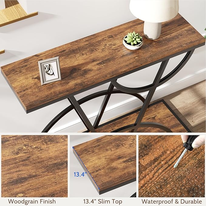 43" Console Table, Industrial Entryway Table with Storage Shelf, Narrow Wood Sofa Table with Metal Frame for Living Room, Hallway, Foyer, Entrance