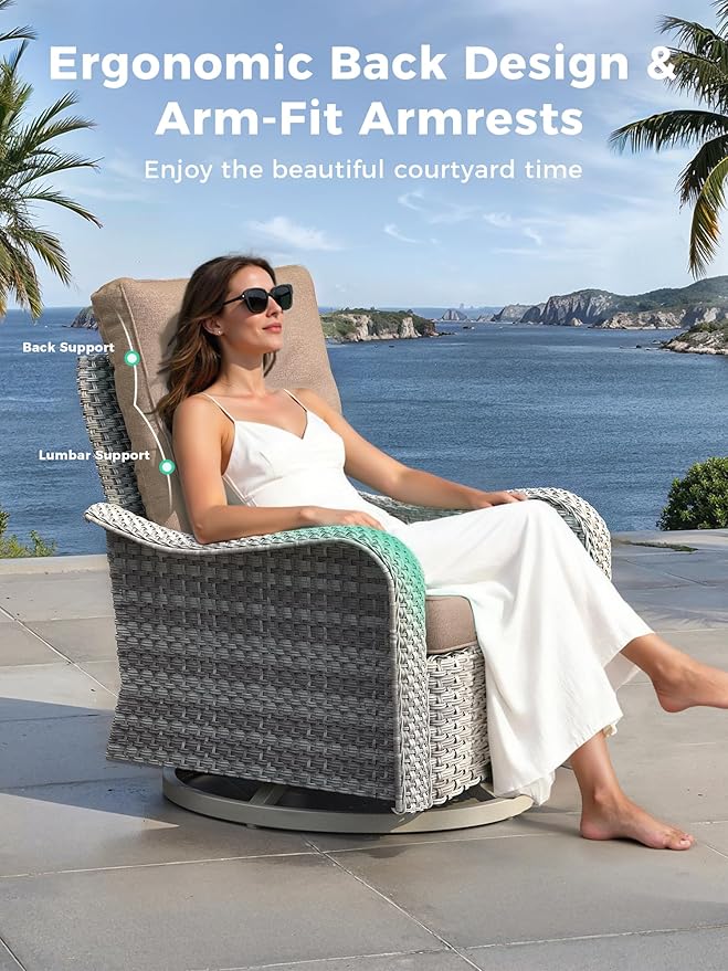 3 Piece Outdoor Wicker Patio Furniture Set,High Back Swivel Rocker Patio Chairs with 4" Thickened Cushions & Side Table, All-Weather PE Rattan for Garden, Backyard, Porch, Beige