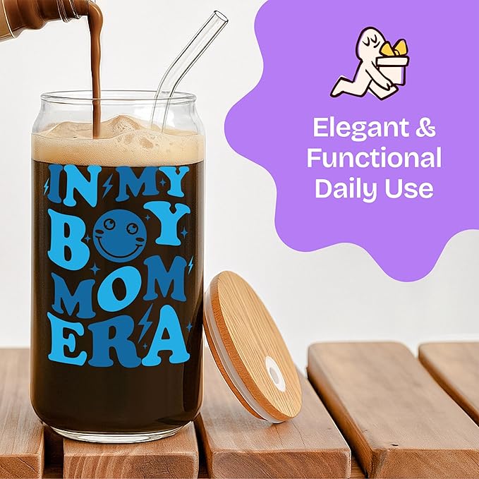 KLUBI Boy Mom Gifts for New Mother to Be - In My Boy Mom Era Cup 16oz Iced Coffee Glass with Lid and Straw - Baby Shower Mum Gifts for Women, Mama Coffee Mug for Expecting Mother Pregnancy Present