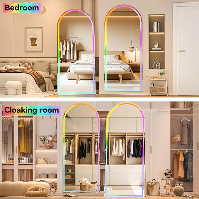 Hasipu 76.7" x 29.5" Arch LED RGB Bluetooth Full Length Mirror with Stand ＆ 7 Color Lighting Modes, Full Body Mirror with White Frame for Bedroom, Living Room, Dressing Room