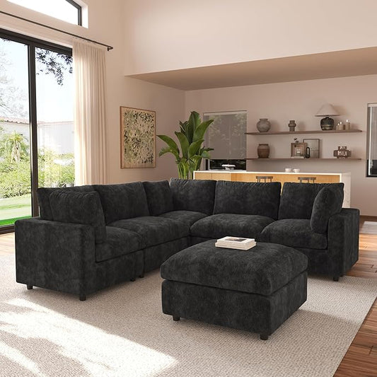 JACH V Shape Sectional Couches with Chaise Ottoman, Convertible Modular Sofa, Cloud Sectional Couch, Sofa Covers Washable, Minimalist Couch for Living Room, Apartment, Black