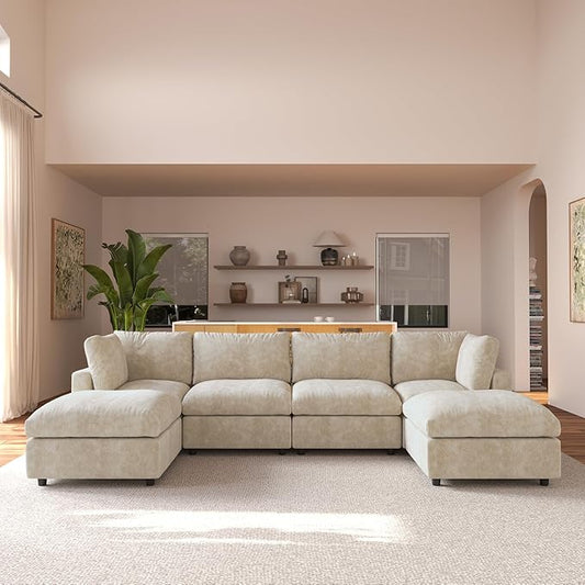 JACH U Shape Sectional Couches for Living Room, Modular Sofa with Chaise Ottomans, Cloud Sectional Couch, Sofa Covers Washable, Minimalist Couch for Living Room, Apartment, Khaki
