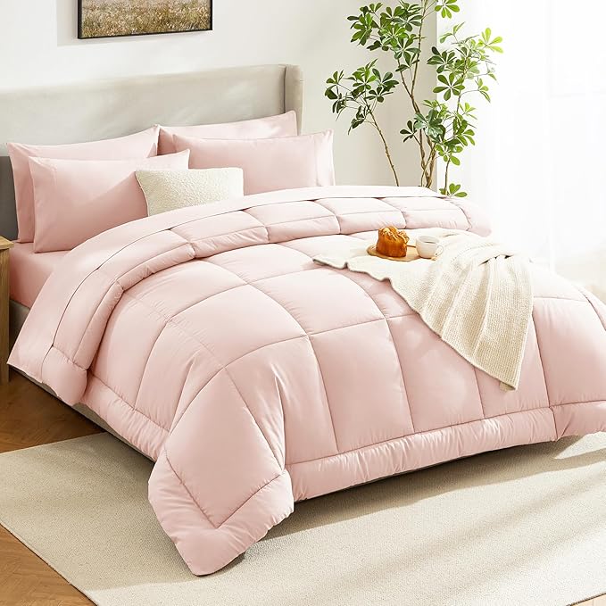 CozyLux Twin Comforter Set with Sheets Blush Pink, 5 Pieces Bed in a Bag, Pink Comforter Twin Size, All Season Bedding Set with Stitch Quilted Comforter, Flat Sheet, Fitted Sheet, Pillowcases