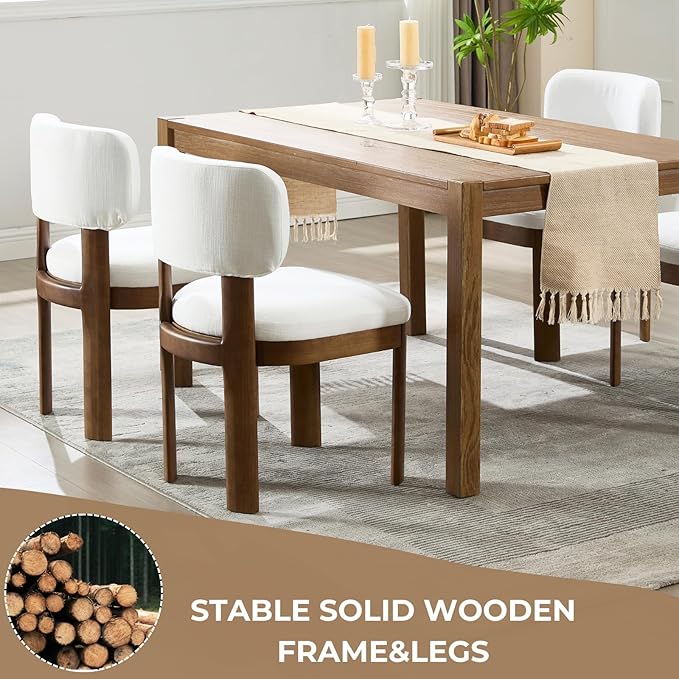 Beige Dining Chairs Set of 4 Mid Century Modern Upholstered Dining Room Chairs with Curved Backrest and Wooden Legs for Kitchen Island, Dining Room