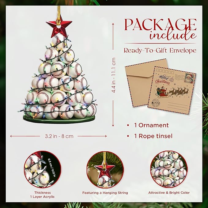 Baseball Christmas Ornament - Acrylic Baseball Ornaments for Christmas Tree - Base Ball Gift for Boys - Base Ball Stocking Stuffer for Boys for Teen Boy
