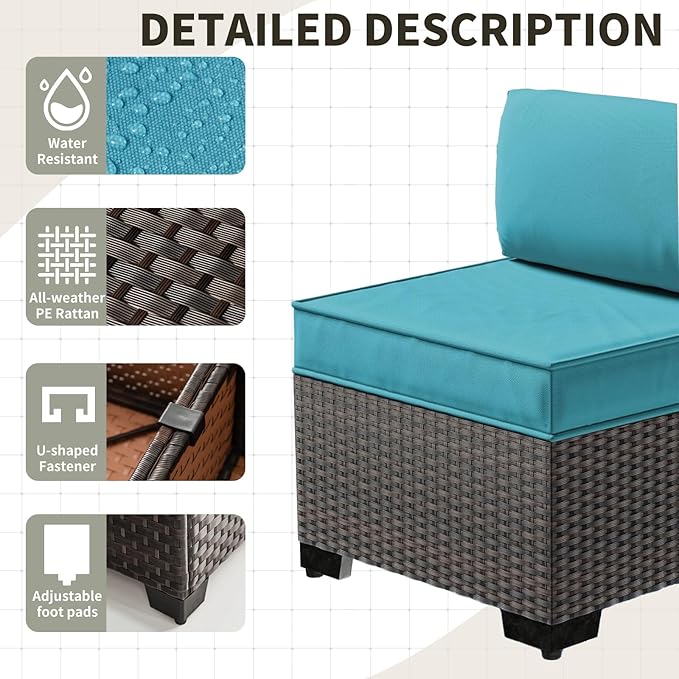 Gotland 15 Pieces Patio Furniture Set with Fire Pit Table, All Weather Rattan Outdoor Furniture with 29.5'' High Backrest 4’’ Thick Cushions Coffee Table, Patio Set for Porch, Deck, Backyard, Blue