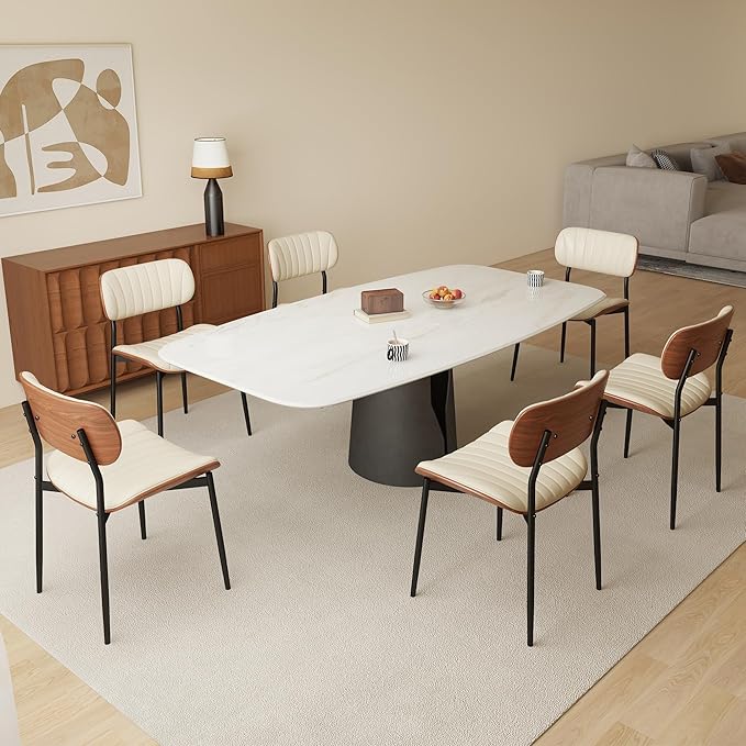 Modern PU Leather Dining Room Chairs Set of 6, Upholstered Kitchen Chairs with Curved Wood Backrest and Metal Legs Adjustable Feet for Kitchen Dining Room(Beige)