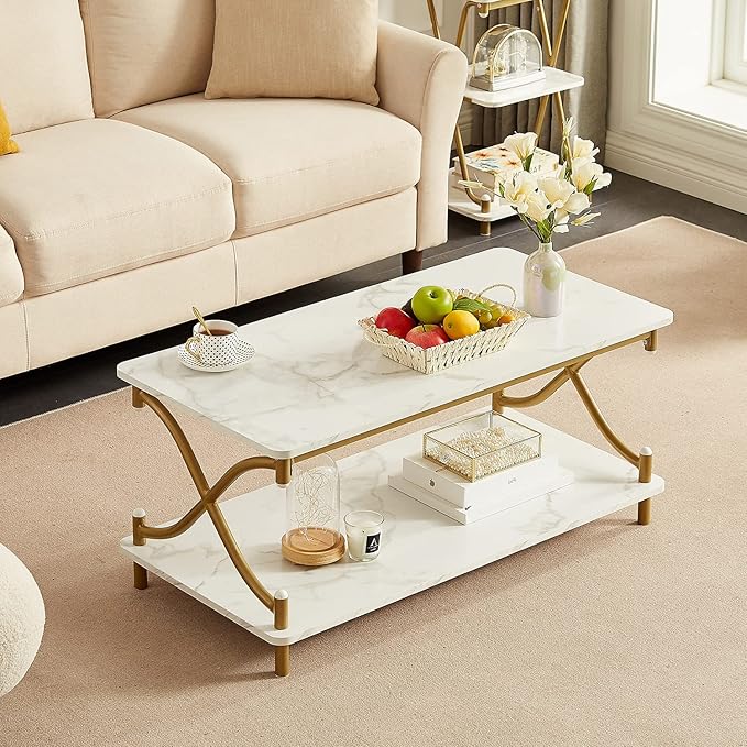 VECELO White and Gold Coffee Table with Storage and Open Shelves for Living Dining Room 39-Inch, Modern Rectangle & Industrial Design, X-Shape Frame, Easy Assemble