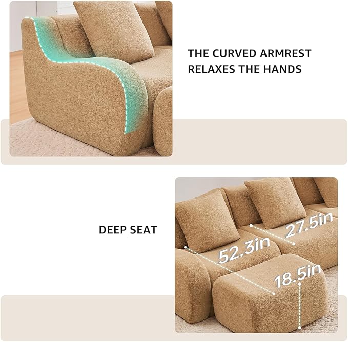 Camel Teddy Fabric Cloud Ottoman, Modern Boneless Modular Footstool in a Box for Living Room, Comfortable Deep Seat Design, No Assembly Required, Sofas para Sala