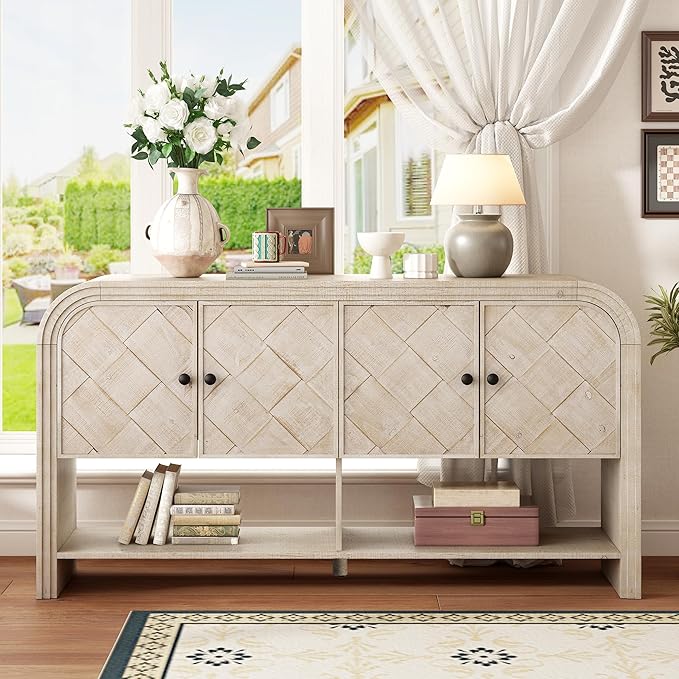 60'' Curved Sideboard with 4 Doors and Bottom Shelf, Versatile Wooden Accent Storage Cabinet Entryway Console Table for Hallway Living Room Dining Room (Beige-4.16)