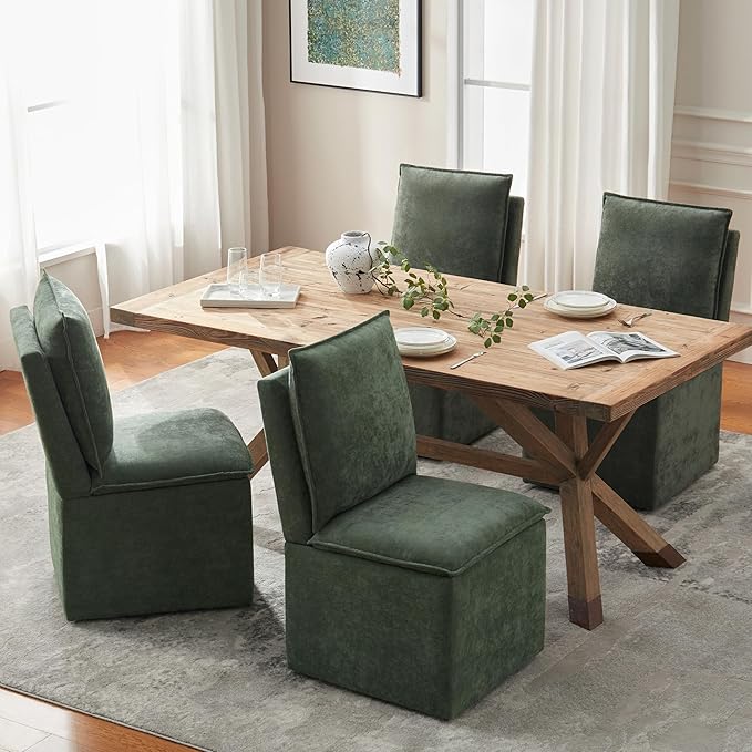 VKNOW Upholstered Dining Chairs Set of 4, Modern Rolling Chairs with Storage and Wheels, Linen Armless Chair with Cushion and Backrest, Dining Room Chairs for Living Room Kitchen Bedroom, Green