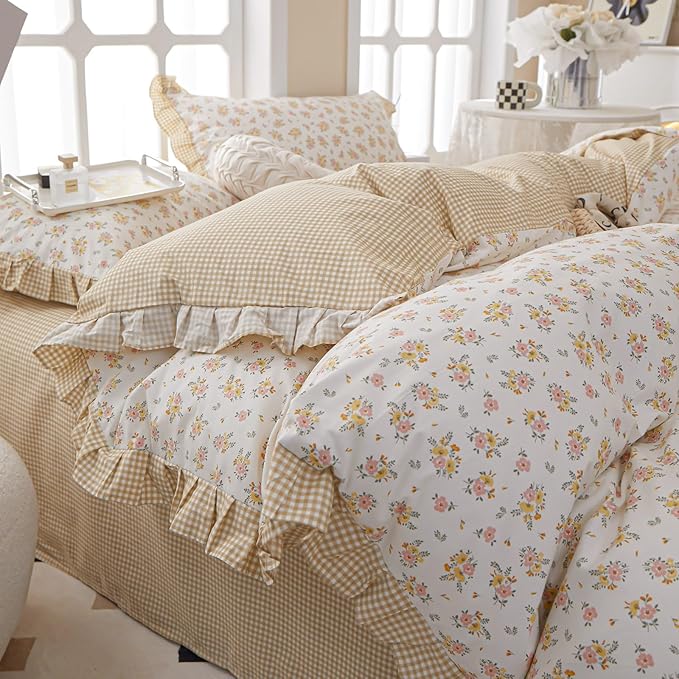 EAVD French Garden Style Ruffled Floral Comforter Set Twin XL Fluffy Soft Microfiber Chic Shabby Pink Yellow Floral Bedding Set with 2 Pillowcases Fresh Botanical Comforter Set for All-Season