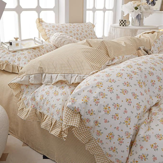 EAVD French Garden Style Ruffled Floral Comforter Set Queen Fluffy Soft Microfiber Chic Shabby Pink Yellow Floral Bedding Set with 2 Pillowcases Fresh Botanical Comforter Set for All-Season