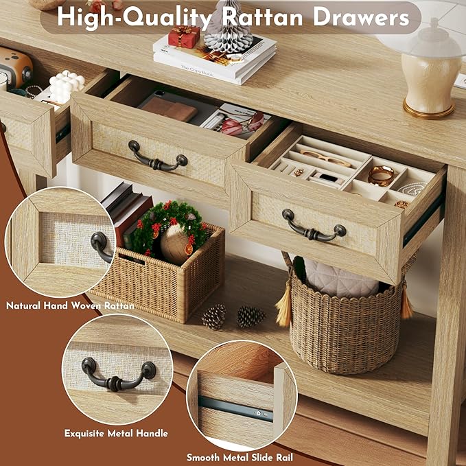 47.2" Console Table with 3 Rattan Drawers, Long Sofa Table with Storage Behind Couch, Modern Entryway Table with Power Outlet & Open Shelf for Entrance/Hallway/Foyer/Living Room, Natural