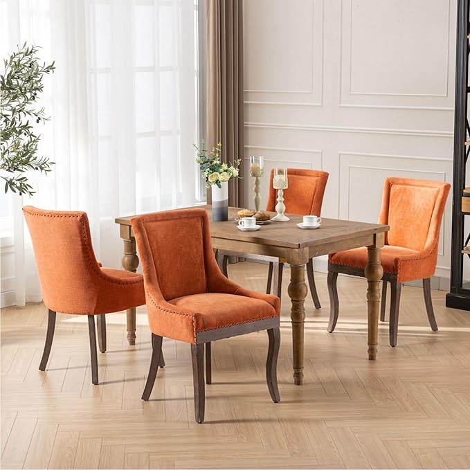 Farmhouse Dining Chairs Set of 6, Upholstered Fabric Dining Room Accent Chairs with Wood Legs & Bronze Nailhead, High Wingback Kitchen Chairs for Living Room Hotel Apartment, Orange
