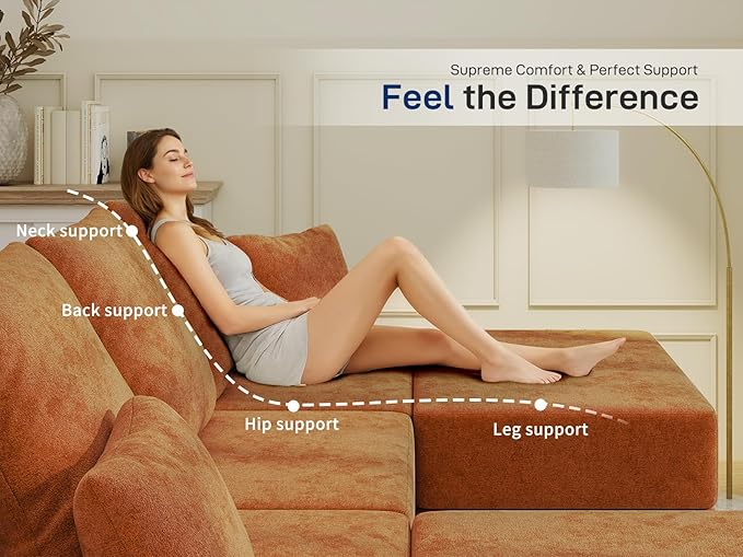 Living&Giving 101" U-Shaped Cloud Sectional Couch for Living Room, Cloud Boneless Couch-No Assembly with Reversible Chaise, Customizable 3-Seat Modular Sectional Sofa with 2 Ottoman, Orange