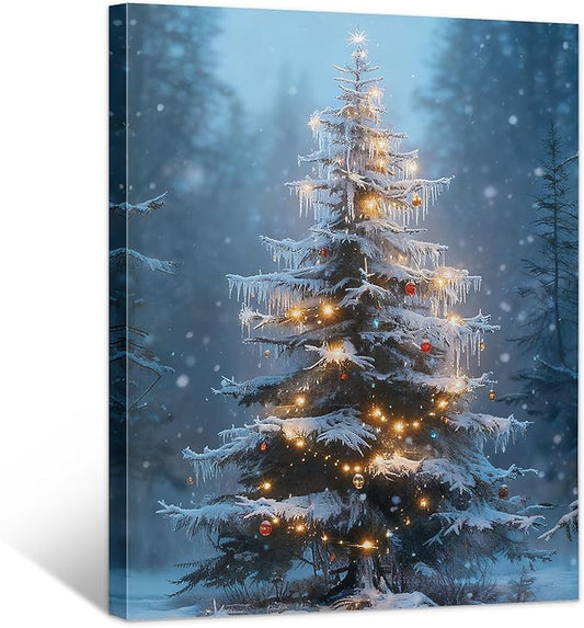 Framed Christmas Pictures Wall Decor,Vintage Pine Tree Prints,Winter Christmas Canvas Wall Art Decoration for Bedroom Bathroom Living Room Rustic Xmas Holiday Gifts (Christmas Tree 15, 16'' X 20'')