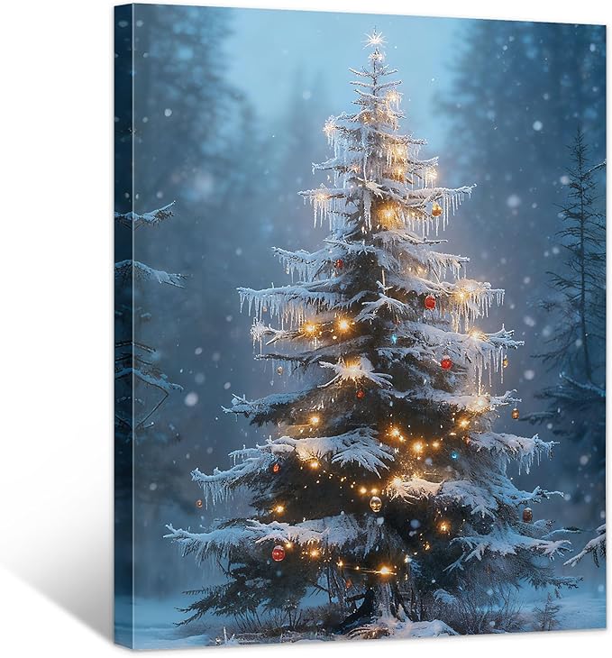 Framed Christmas Pictures Wall Decor,Vintage Pine Tree Prints,Winter Christmas Canvas Wall Art Decoration for Bedroom Bathroom Living Room Rustic Xmas Holiday Gifts (Christmas Tree 15, 12'' X 16'')