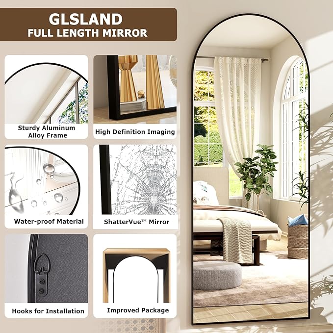 GLSLAND 26" x 71" Arched Full Length Mirror - Black Full Body Mirror - Extra Large Floor Mirrors for Bedroom, Living Room, Bathroom
