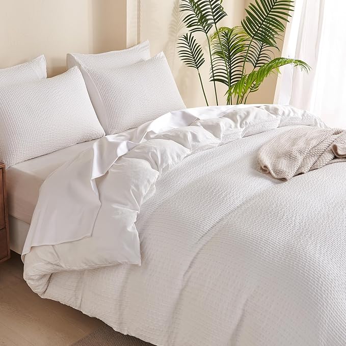 White Striped Queen Comforter Set 100% Soft Washed Microfiber Jacquard 3 Pieces Striped Bedding Sets White Comforter Queen for All Seasons and 2 Pillowcases Comfort Breathable