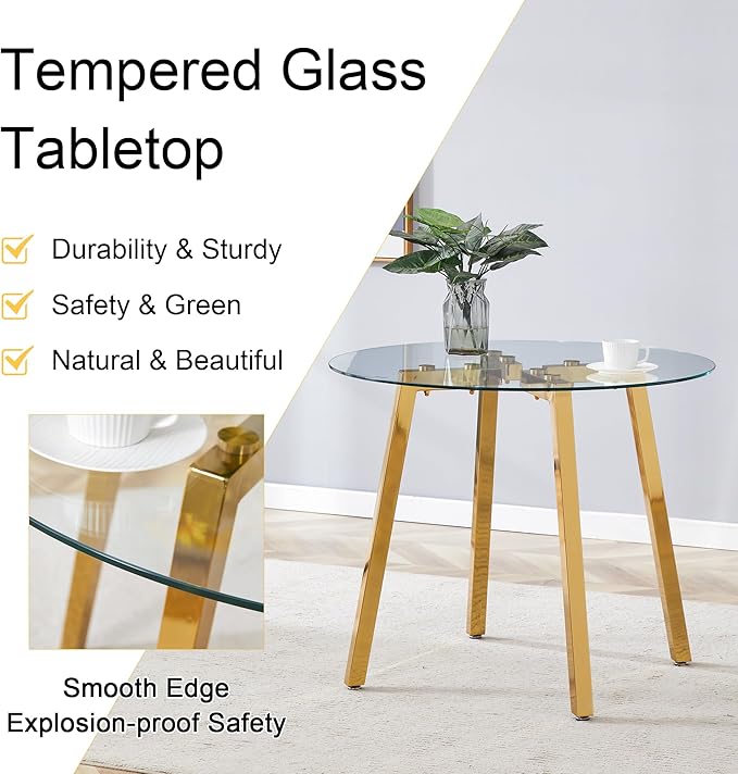 Round Dining Table Set for 4,36" Glass Dining Table Set for 4 with Stainless Steel Leg,Small Kitchen Table Set for 4 with Cushion Chairs,5 Piece Dining Table Sets Space Saving