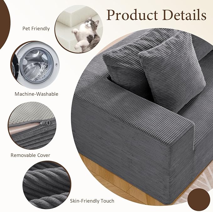 INGEROOM 108" Cloud Sectional Couch with L-Shape Chaise, Modular Sofa Memory Foam, 3 Module Boneless Sofa with Movable Ottoman, Upholstered Couches for Living Room, No Assembly Required, Dark Gray