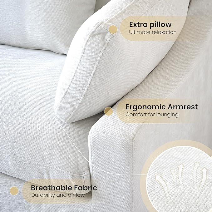 Cloud Modular Sectional Sofa Couch for Livingroom,82inch Down Filled Convertible Sectional Sofa for Living Room Set,Wide Seat LoveSofa,Covers Washable&Replaceable, White