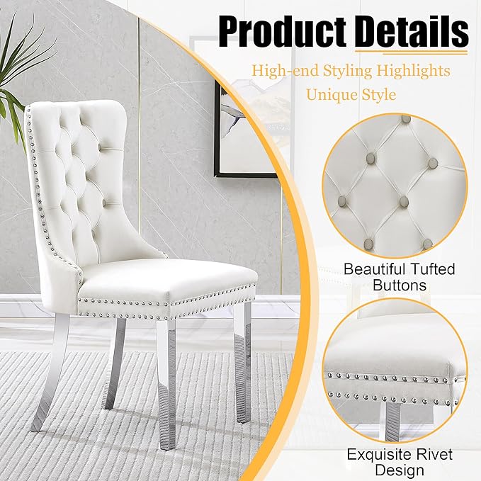 3 Piece Glass Dining Table Set, 35" Square Glass Kitchen Table with 2 White Velvet Upholstered Chairs, Silver Dining Table for 2 with Chairs Set for Kitchen, Living Room