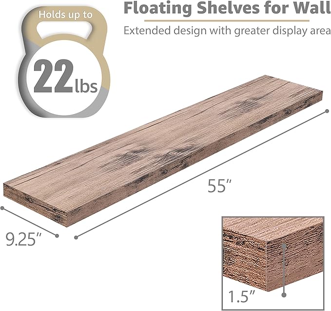 Sorbus Floating Shelves for Wall - 55 Inch Extra-Long Bathroom Shelves, Wall Decor for Bedroom, Kitchen, Living Room, Book Storage - Mounted Floating Shelf with Hidden Brackets (Mahogany, 3 Pack)