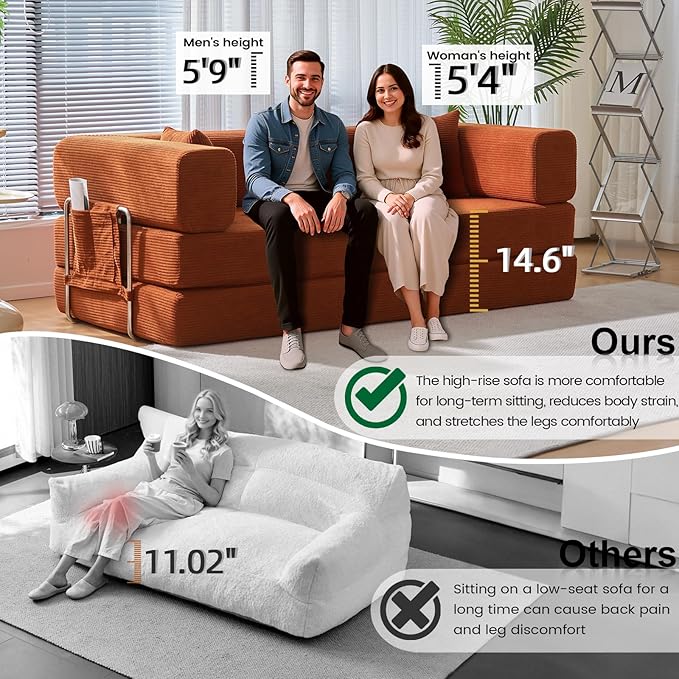 Folding Sofa Bed Convertable Corduroy Couch King Size Floor Sleeper 4-in-1 DIY Combination Modular Sofa Fold Out Futon Lounge Comfy Foldable Lazy cama for Living Room (Orange, 80.15")