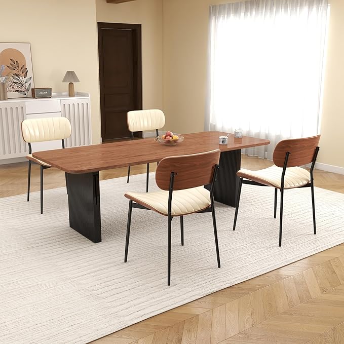 Mid Century Modern Dining Chairs Set of 6,Upholstered Faux Leather Kitchen Chairs with Walnut Bentwood Back and Metal Legs for Kitchen Dining Room Living Room, Beige