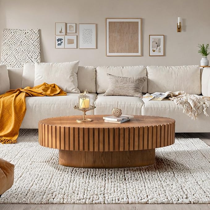 Oval Coffee Table for Living Room, 43.3'' Modern Handcraft Drum Coffee Table Unique Fluted Coffee Tables Wood Center Table End Table for Small Space, Farmhouse Apartment Office (Oval Wood)