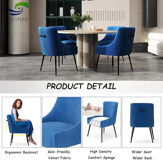 Velvet Dining Chairs Set of 4,Blue Upholstered Living Room Chairs with Black Metal Legs, Modern Tufted Accent Chairs for Living Room, Study Room, Kitchen