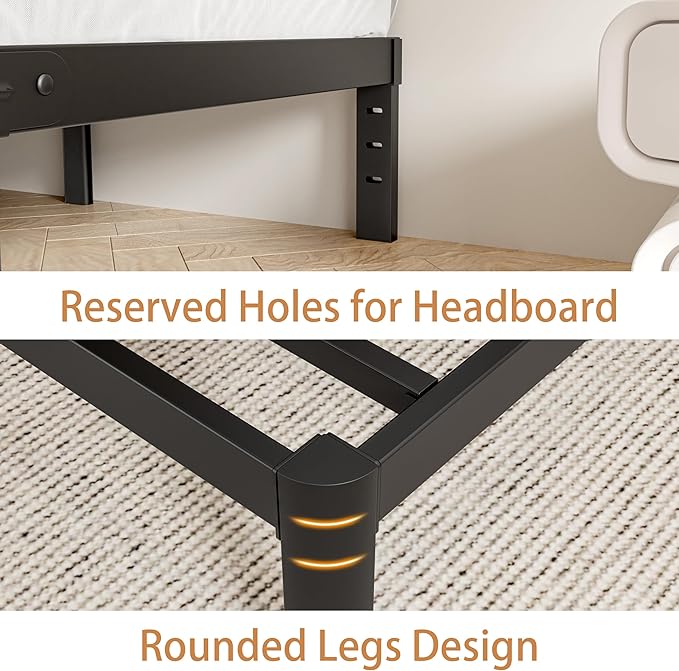 Full Size Bed Frame No Box Spring Needed, 14 Inch Metal Full Bed Frame, DIY Headboard Holes, Heavy Duty Steel Support 3500 LBS, Noiseless, Round Corner Legs, Storage Space, Easy Assembly, Black