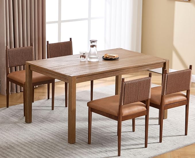 CIMOTA Brown Faux Leather Dining Chairs Set of 2, Mid Century Modern Upholstered Dining Room Chairs with Woven Back, Armless Kitchen Chairs with Walnut Solid Wood Legs, PU