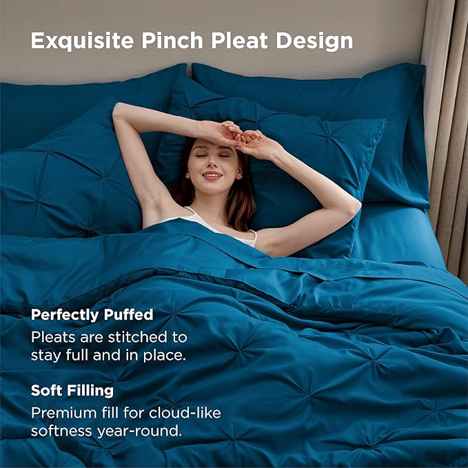 Bedsure Queen Comforter Set Teal - Bed in a Bag Queen Size Bedding 7 Pieces, GentleSoft™ Pintuck Bed Set Gift for Family, Pinch Pleat All Season Comforter with Sheets, Pillowcases & Shams