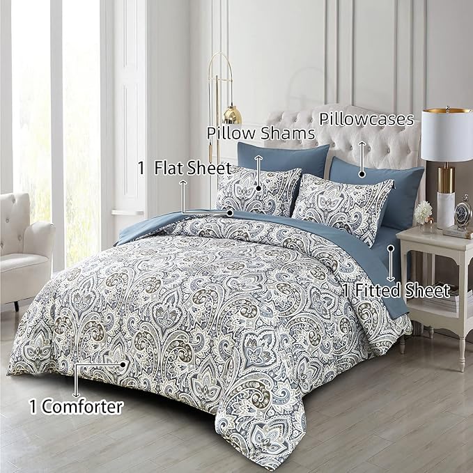 Drucon Blue Paisley Comforter Set Full,7 Pieces Bed in a Bag Comforter Boho Paisley Pattern Bedding Set Soft Microfiber(1 Comforter,1 Flat Sheet, 1 Fitted Sheet,2 Pillowcases, 2 Pillow Shams)