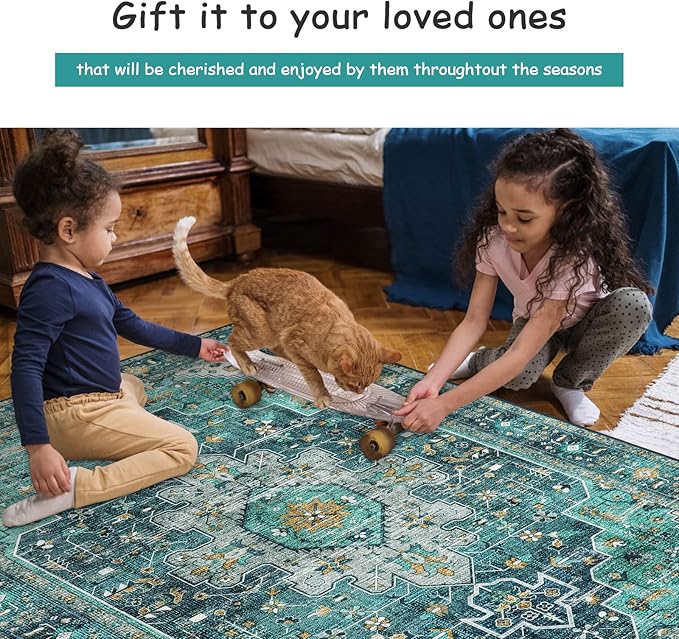 Moynesa Ultra-Thin Washable Vintage Area Rug - 6x9 Teal Large Dining Room Rug for Bedroom, Non-Shed Living Room Mat, Indoor Oriental Medallion Hardwood Floor Carpet for Office Home Decor