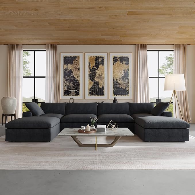 JACH 160.6" U-Shaped Sectional Couch, Modern Modular Convertible Sofa with Chaise Ottomans, Deep 4-Seats Comfy Sectional Cloud Couches for Living Room/Apartment, Bedroom (Black)
