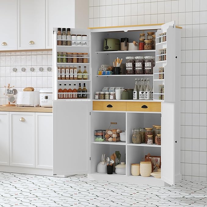Merax 71.3" Tall Kitchen Storage Cabinet Pantry Farmhouse Freestanding Large Cupboard with 2 Drawers,2 Adjustable Shelves,8 Door-Shelf for Dining Room,White