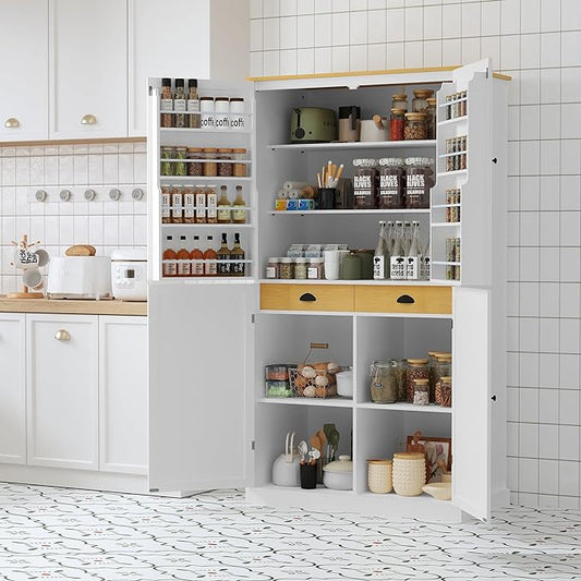 Merax 71.3" Tall Kitchen Storage Cabinet Pantry Farmhouse Freestanding Large Cupboard with 2 Drawers,2 Adjustable Shelves,8 Door-Shelf for Dining Room,White