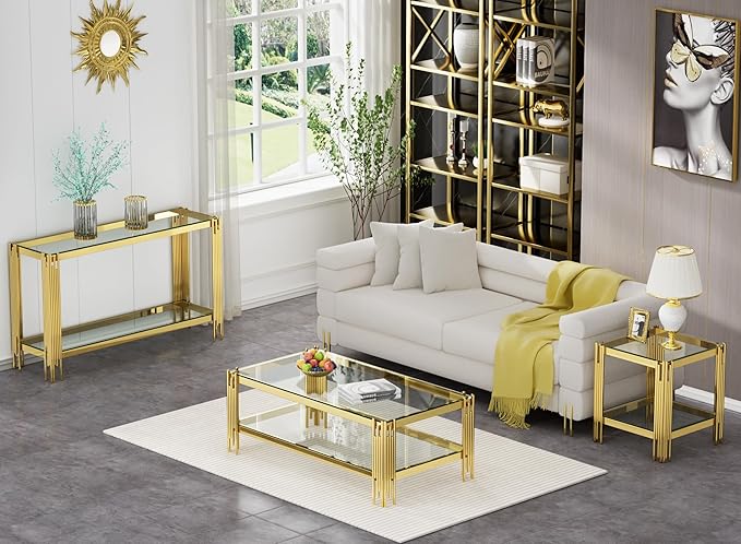 Goujxcy Modern Glass Console Table 55" Gold Entryway Table with Tempered Glass Top and Mirror Finish Stainless Steel Legs, Luxury Rectangular Sofa Table for Living Room Hallway Corridor Table (Gold)