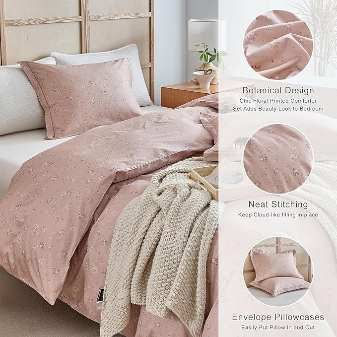 EAVD Garden Pink Floral Comforter Set Full Pink Soft Microfiber Chic Shabby Cute Floral Bedding Set 1 Full Comforter and 2 Pillowcases Fresh Reversible Botanical Comforter Set for All-Season