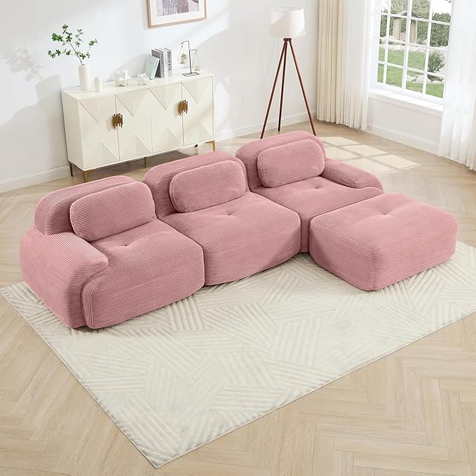 Pink Ottoman for Modular Sectional Sofa, Corduroy Deep Seat for Oversized Compressed Boneless Sectional Couches for Living Room Bedroom Apartment, Cloud Sofa Couch, Memory Foam, No AssemblyPink