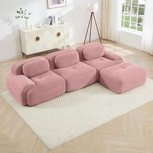 116" Modern Compressed Boneless Couch with Ottoman, 3 Seater Large L Shaped Sectional Couches for Living Room, Pink Corduroy Cloud Modular Sectional Sofa, Memory Foam, Extra Deep, No Assembly