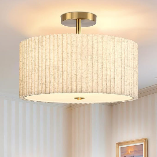 3-Light Semi Flush Mount Lights Fixture Drum Ceiling Light with Pleated Fabric Shade Gold Semi Flush Mount Ceiling Lights 15.7 Inch Close to Light Fixtures for Living Room Hallway
