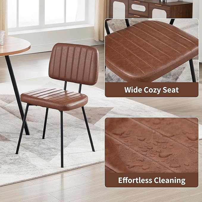 Dining Chairs Set of 2, Faux Leather Upholstered Dining Chairs, Mid Century Modern Kitchen Dining Room Accent Chairs with Curved Backrest and Steel Frame for Living Room, Vanity - Coffee
