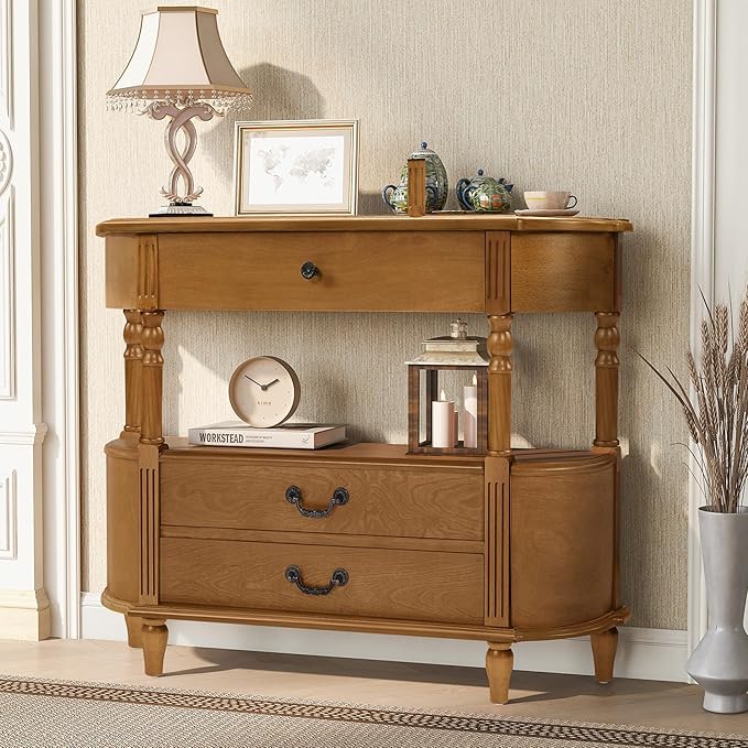 HMFULE Retro Curved Console Table, 43" Solid Wood Half Moon Console Table Entryway Table Sofa Table with Open Shelf Curved Corners 3 Drawers Pine Roman Legs for Living Room,Hallway,Entryway,Brown