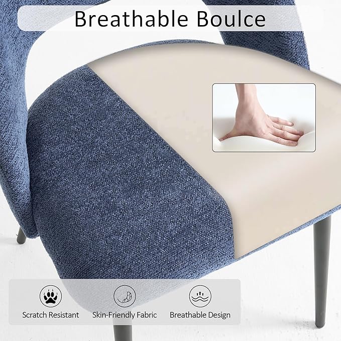 Rowill Boucle Dining Chairs Set of 4, Morden Upholstered Dining Room Kitchen Chairs with Metal Legs for Living Room, Bedroom, Restaurant, Blue
